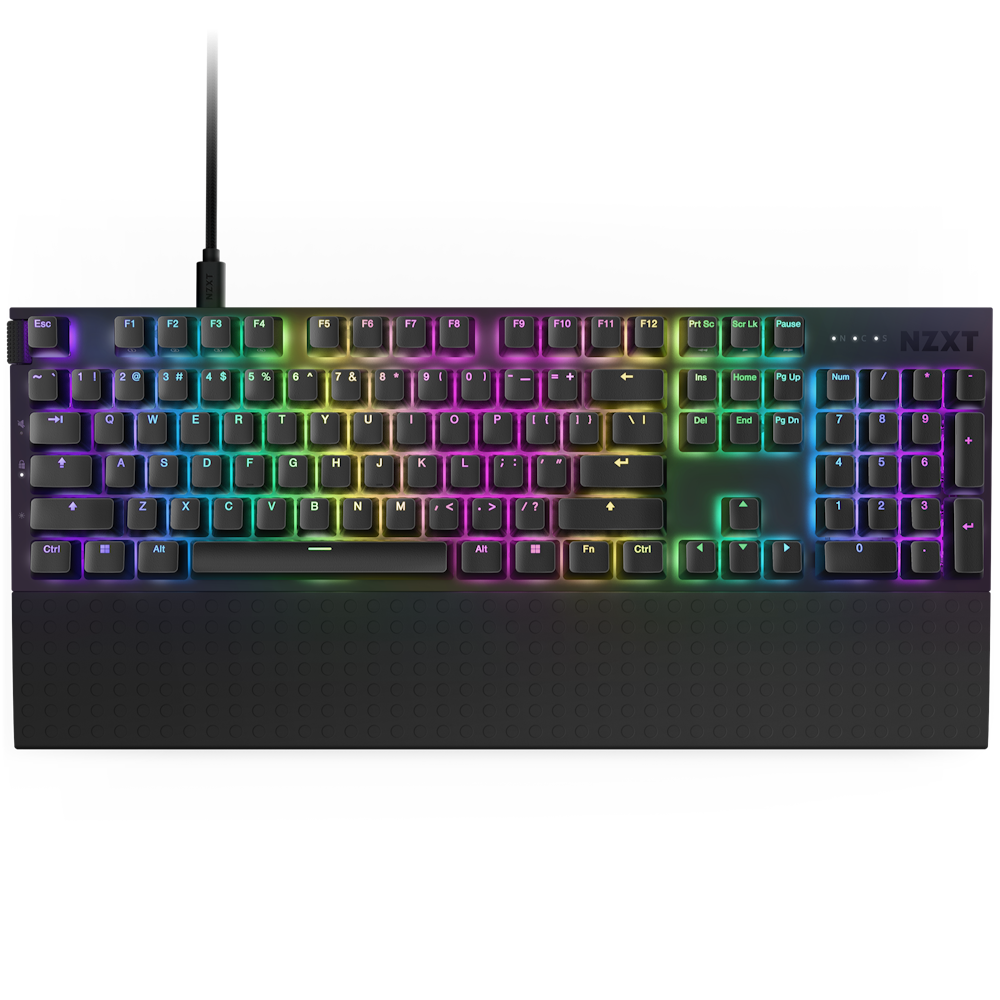 The NZXT Function 2 keyboard offers an 8,000 Hz polling rate, rainbow RGB backlighting, numeric keypad, wrist rest, and displays the NZXT logo in the top right corner.