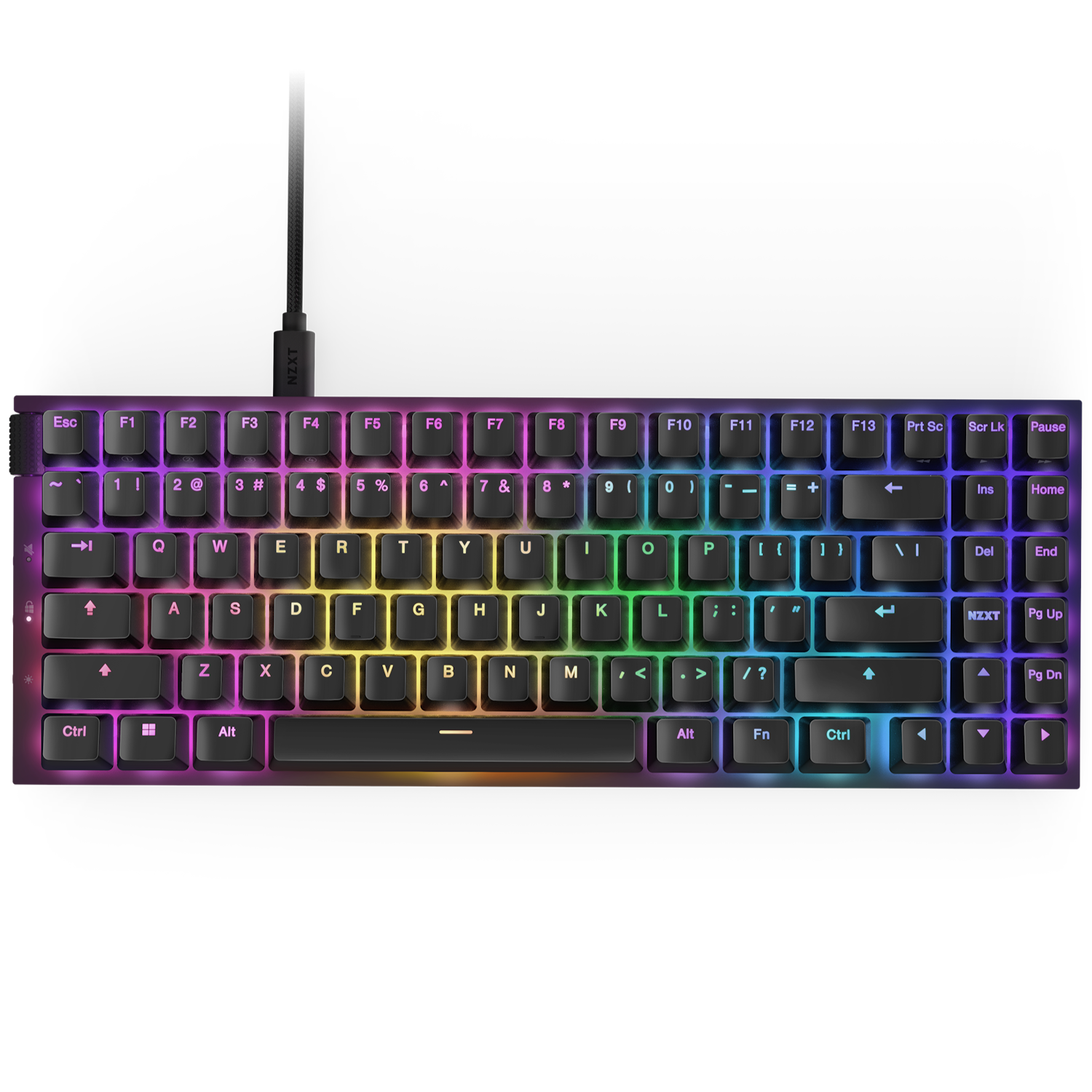 The NZXT Function 2 MiniTKL is a compact mechanical keyboard with a tenkeyless layout, rainbow gradient RGB backlit keys, linear optical switches, and a black USB cable for reliable connectivity.