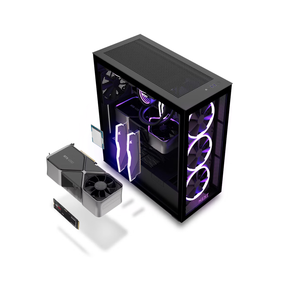 A desktop PC case with RGB cooling fans is shown next to a graphics card, RAM sticks, an SSD, and a CPU, all displayed on a reflective surface with a purple glow.