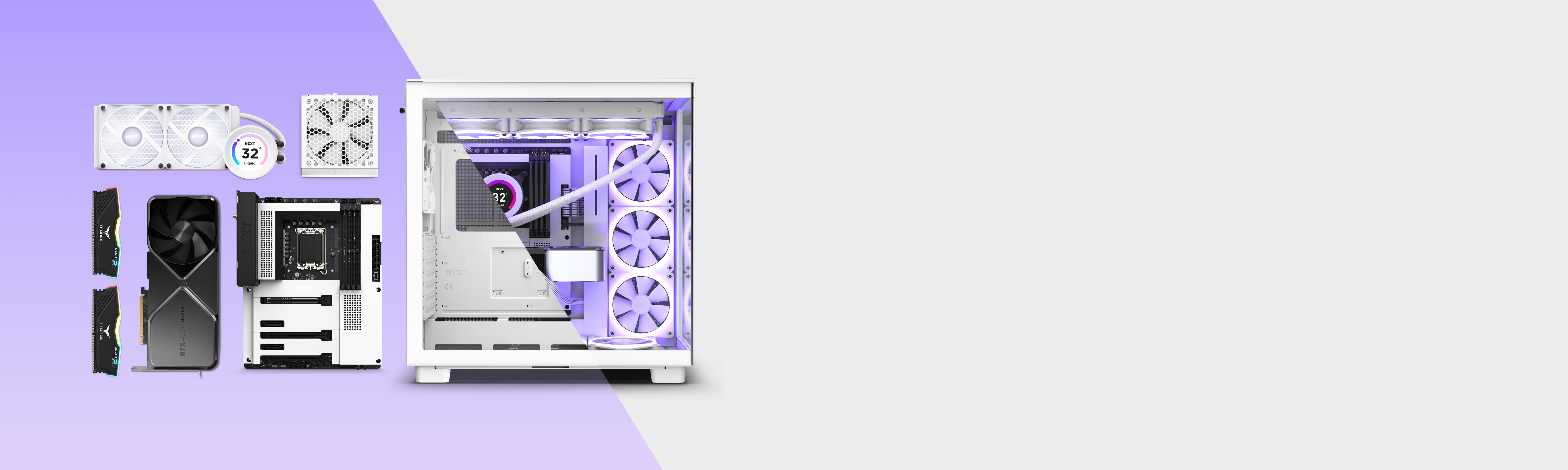 A white gaming PC case with glowing purple LED fans is shown on the right. On the left, computer components including a graphics card, motherboard, SSD, and liquid cooler are neatly arranged on a white and purple background.