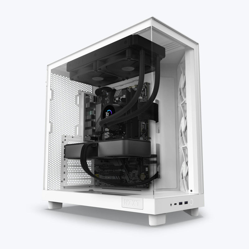 The Refurbished Player Two Base - #8509 by NZXT features a white case with a transparent side panel, showcasing liquid cooling, fans, organized cables, and a vertical GPU mount—making it a stylish choice for refurbished gaming PCs.