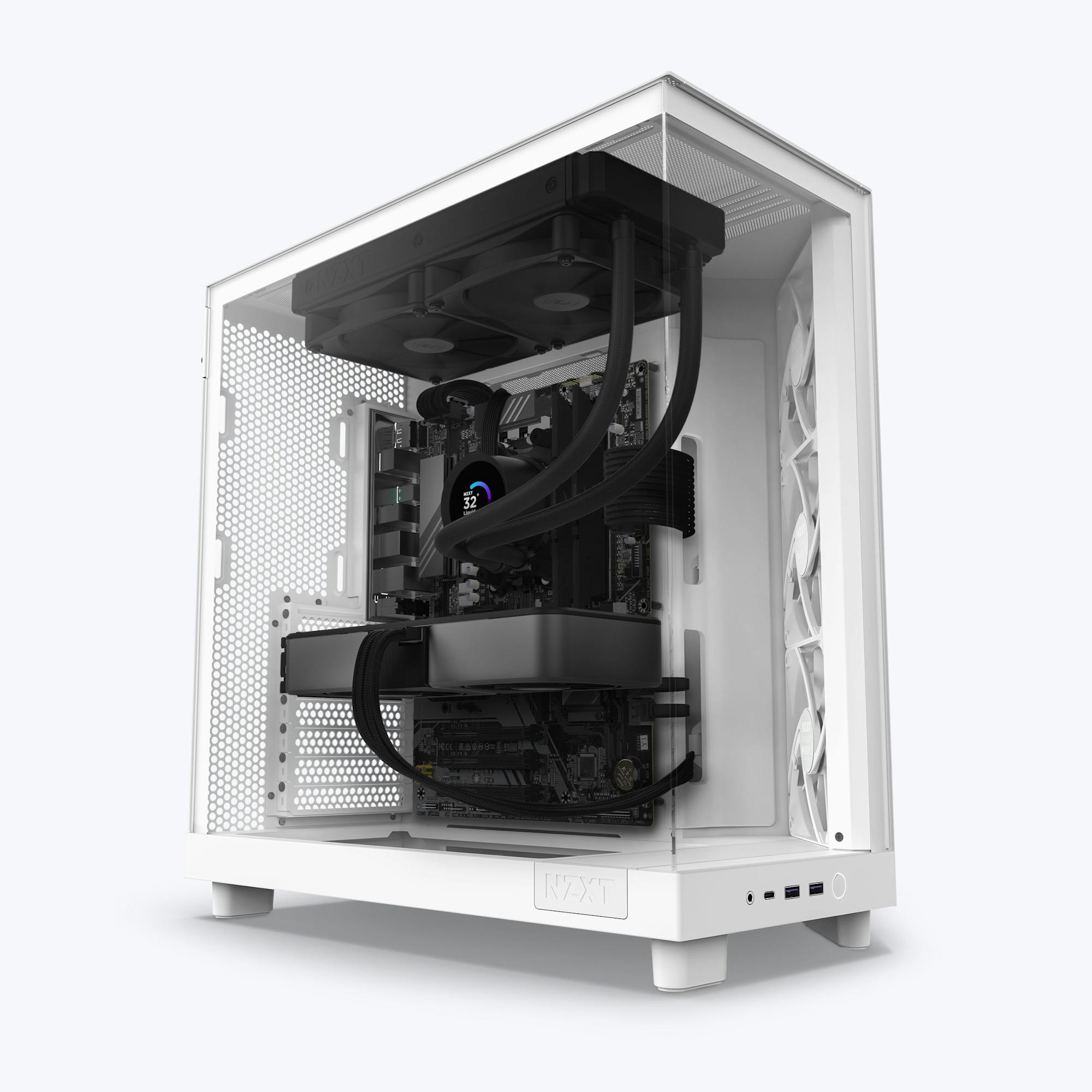 The NZXT Refurbished Player Two Base - #8479 is a white desktop PC tower with a transparent side panel, showing organized components, cooling fans, and water cooling tubes—ideal for those seeking certified refurbished gaming computers.