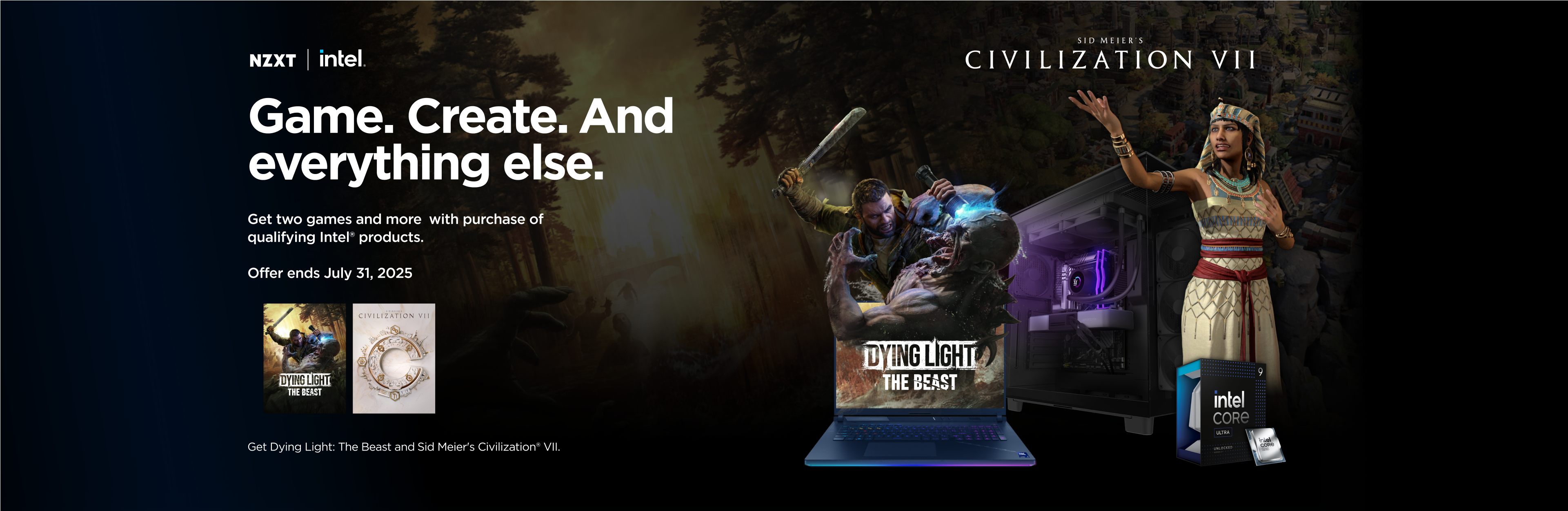 Promotional banner for Intel and NZXT offering free games, featuring images of Sid Meier’s Civilization VII, Dying Light 2, an Intel Core processor, and a gaming laptop. Offer ends July 31, 2025.
