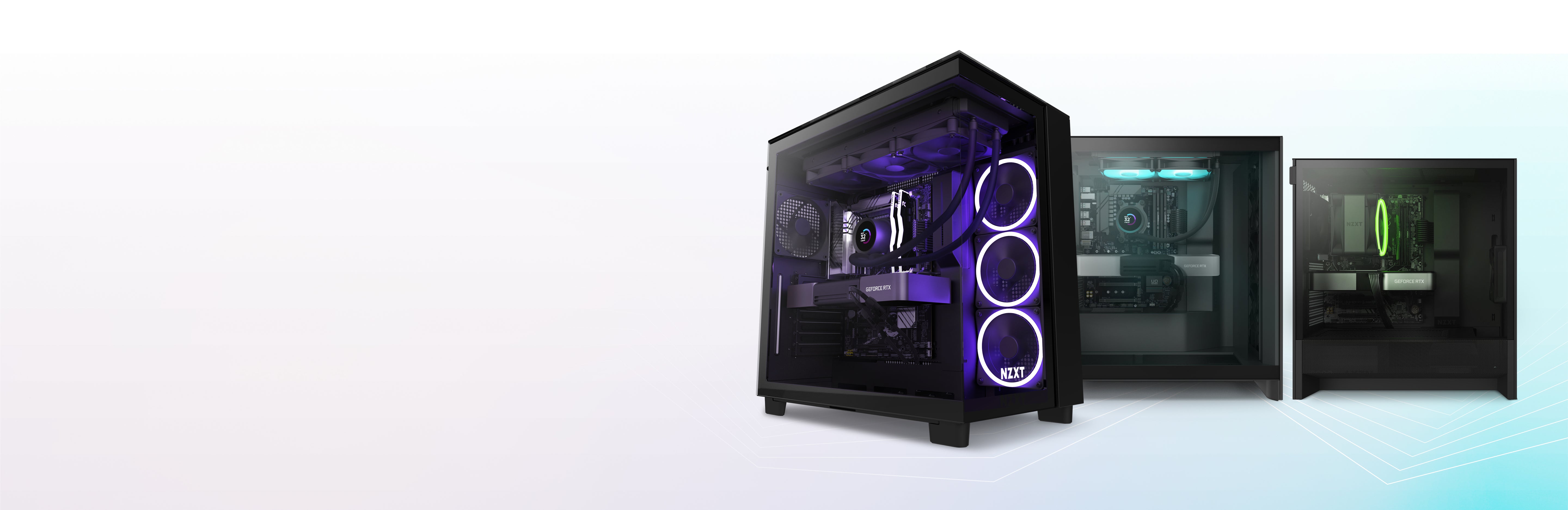 Three modern desktop gaming PCs are displayed, featuring transparent side panels and RGB lighting, showcasing their internal components such as cooling fans, graphic cards, and cables against a light gradient background.