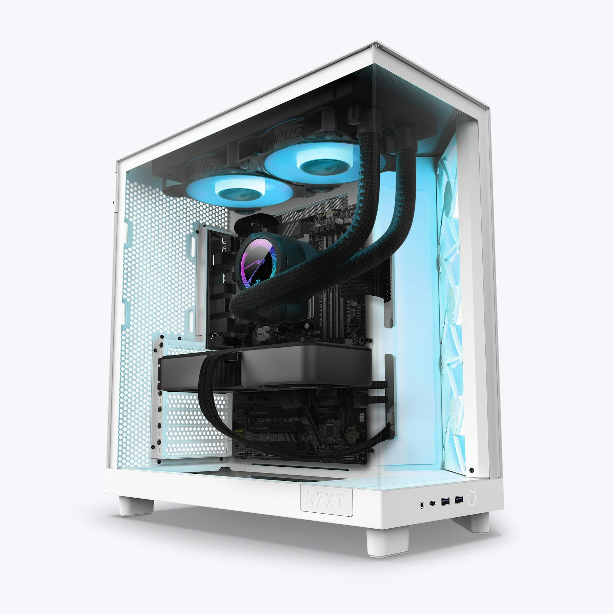 The NZXT Refurbished Custom Build - #8603 is a white gaming PC case with a transparent side panel, RGB-lit cooling fans, liquid cooling, organized cabling, and an optional 2-year warranty—ideal for prebuilt PCs.