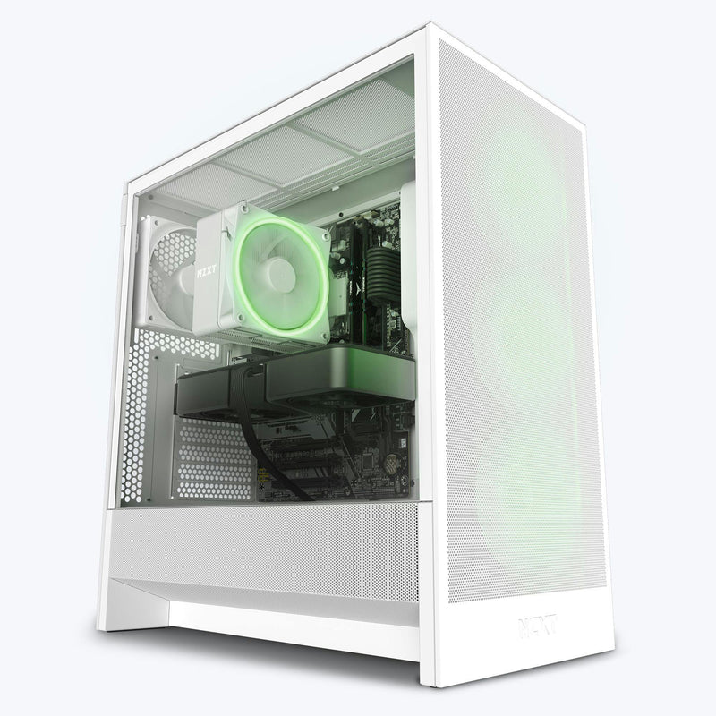 The NZXT Refurbished Player One Prime - # 8691 is a white prebuilt gaming PC with a transparent side panel that displays its green-lit CPU cooler, three front fans with green lighting, and graphics card—all protected by warranty.