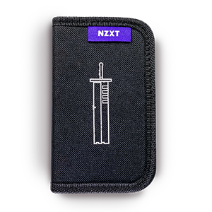 A black zippered pouch with a white syringe graphic on the front and a small purple label at the top displaying the text NZXT.