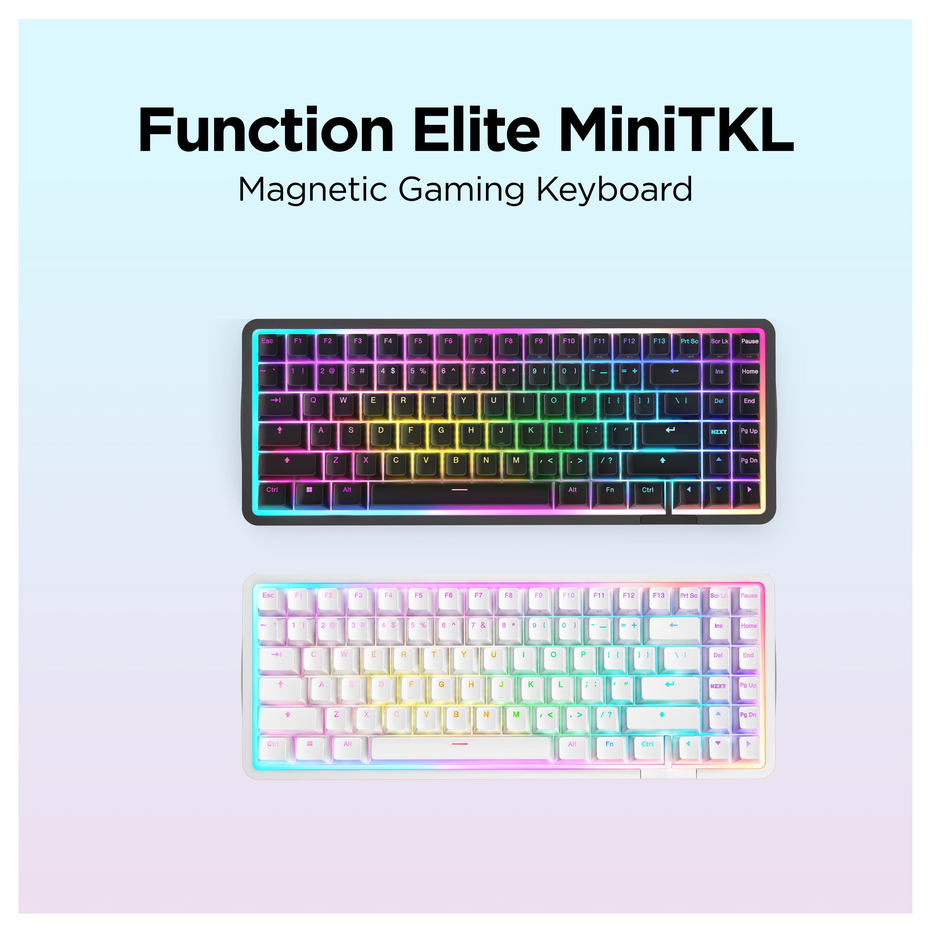 Two tenkeyless keyboards with rainbow backlighting, one with black keys and one with white keys, displayed on a pastel gradient background. Text above reads Function Elite MiniTKL Magnetic Gaming Keyboard.