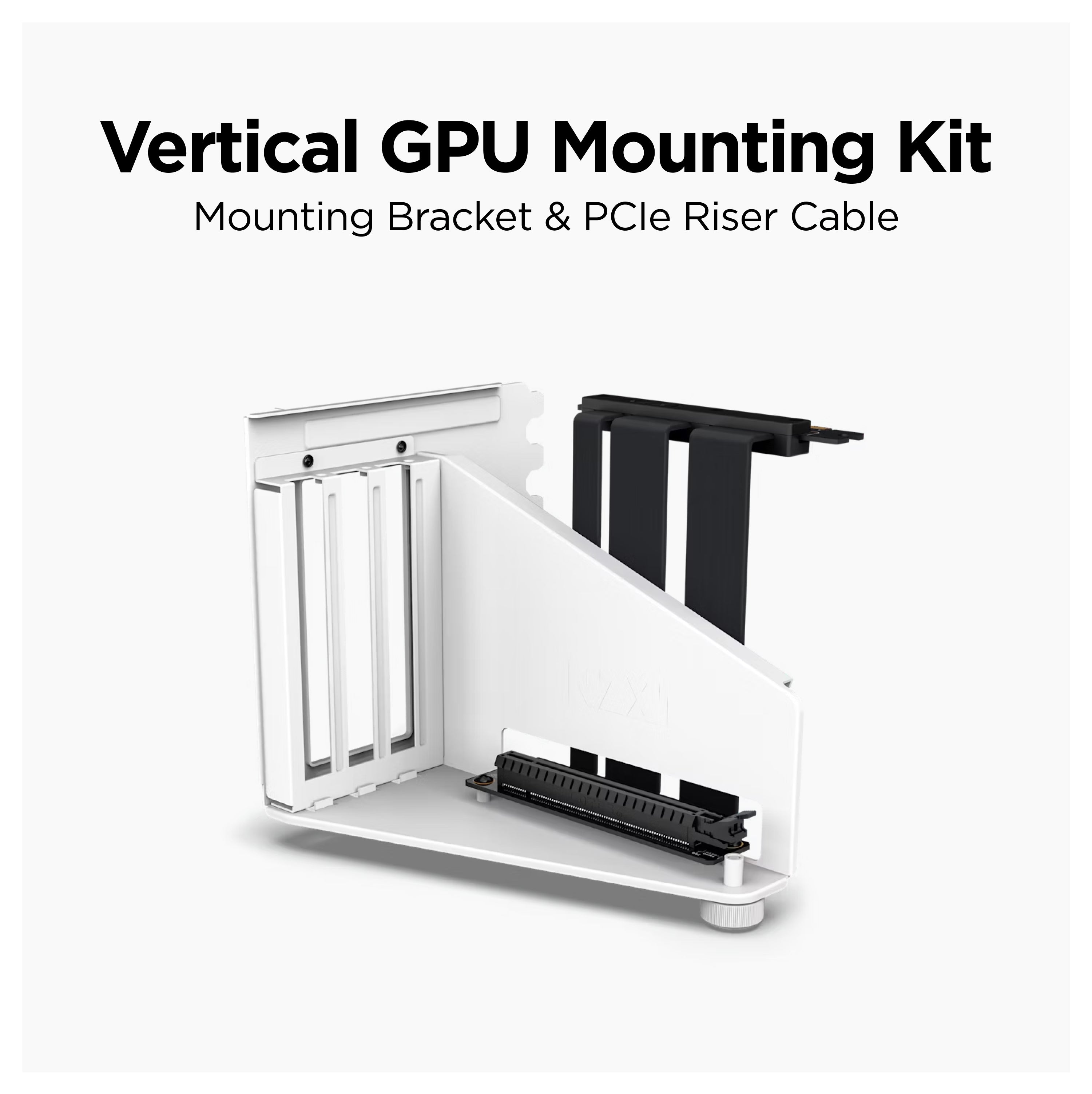 A white vertical GPU mounting kit with a mounting bracket and PCIe riser cable is displayed against a white background. Text above reads, Vertical GPU Mounting Kit - Mounting Bracket & PCIe Riser Cable.