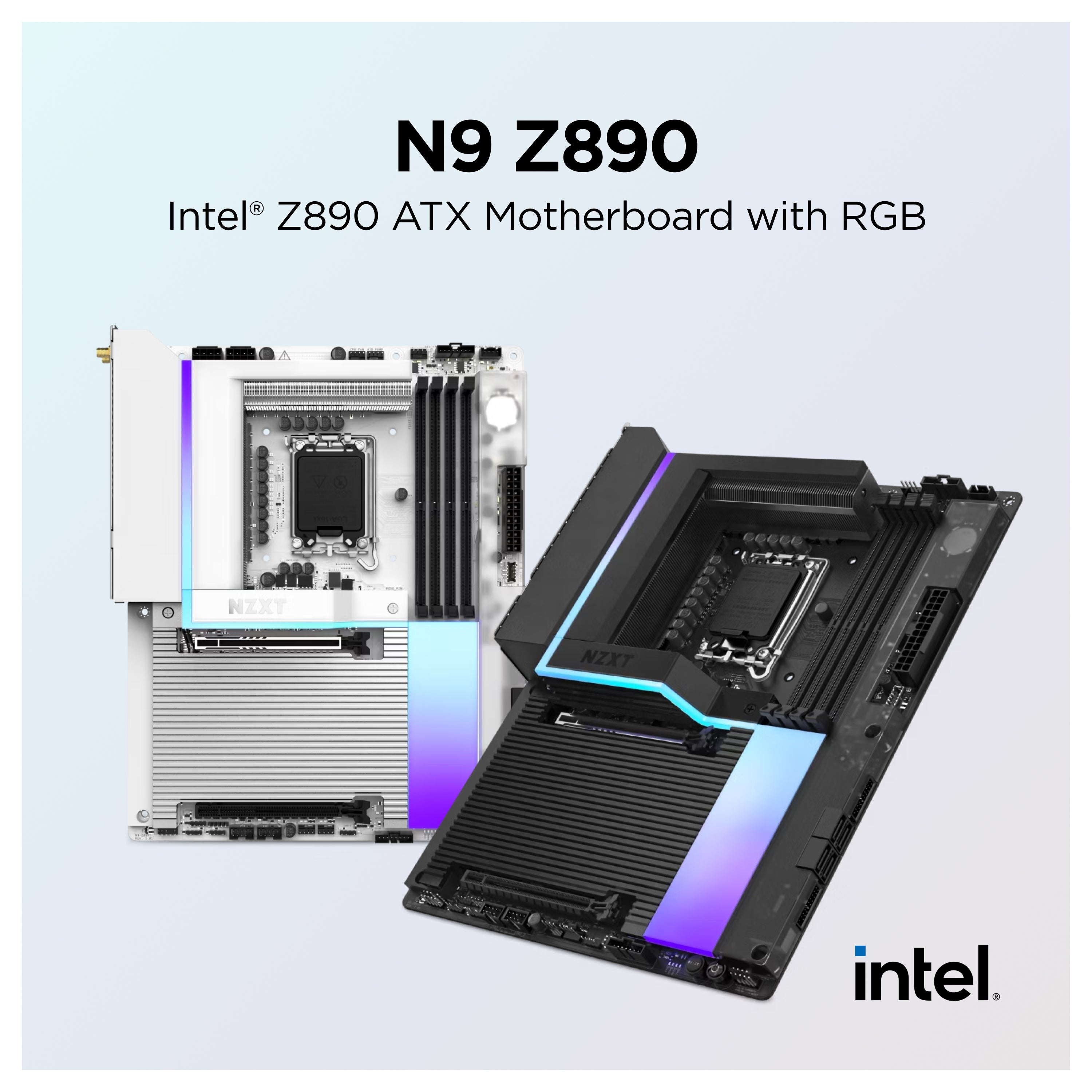Two Intel Z890 ATX motherboards with RGB lighting are displayed, one in white and one in black, set against a light gray background with text describing them as the N9 Z890. Intel logo is in the corner.