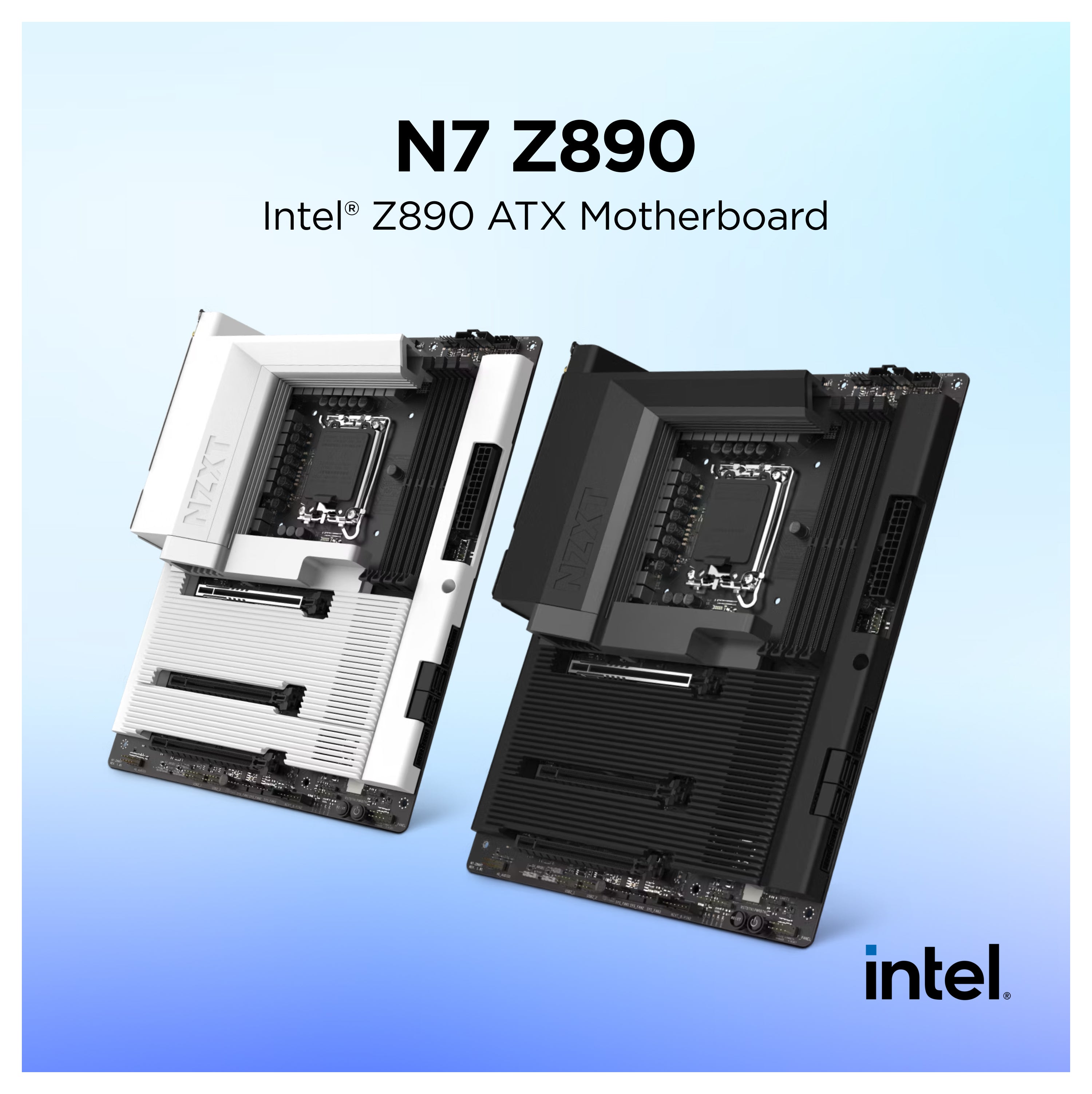 Two Intel Z890 ATX motherboards, one in white and silver and one in black, are displayed side by side on a blue gradient background with the text N7 Z890 Intel® Z890 ATX Motherboard above them and the Intel logo in the corner.