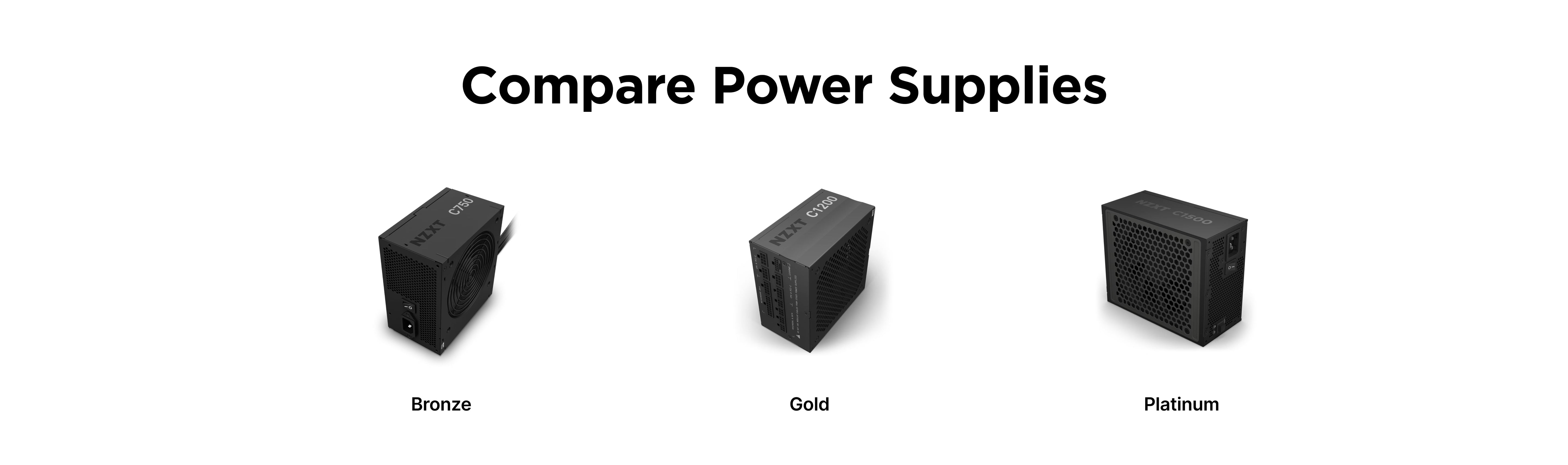 Three black computer power supplies labeled Bronze, Gold, and Platinum are displayed side by side under the title Compare Power Supplies on a white background.