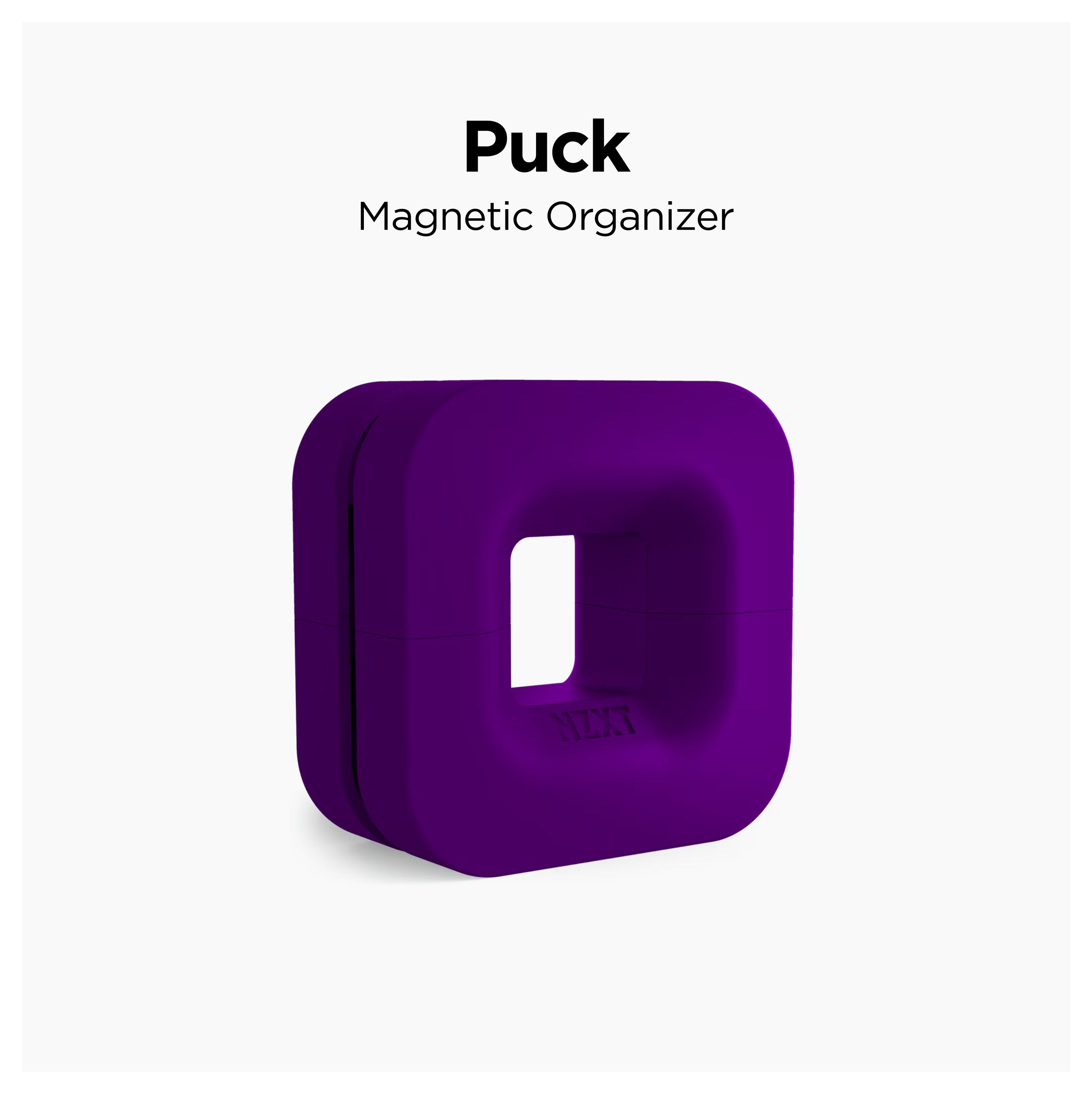 A purple, square-shaped magnetic organizer called Puck with a hollow center, displayed on a white background with the text Puck Magnetic Organizer above it.