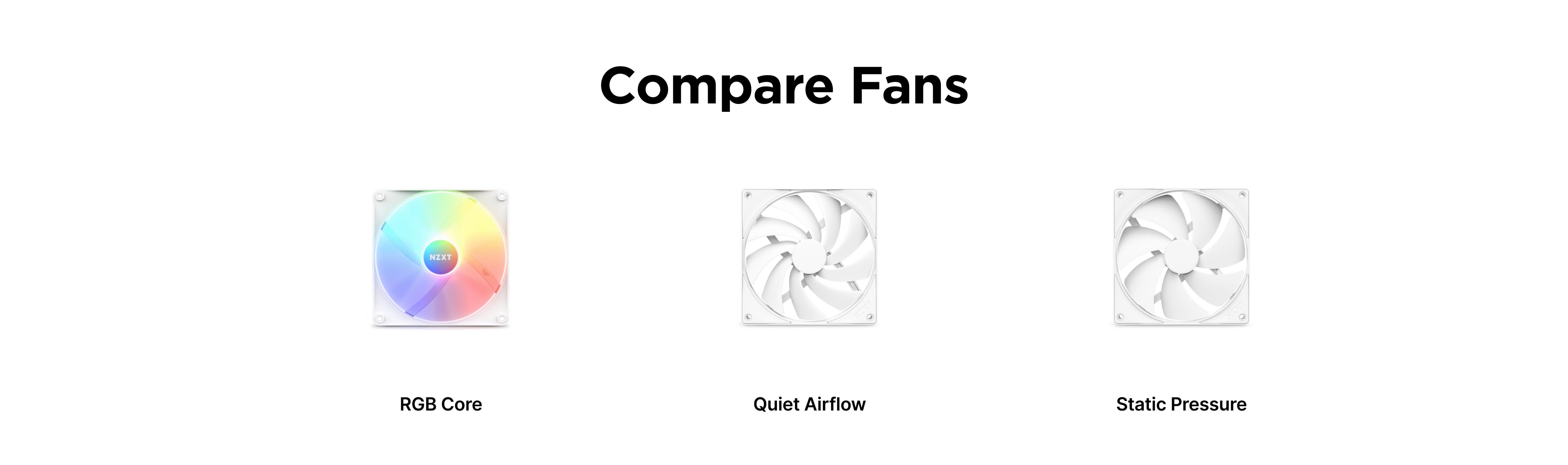 Three computer fans are displayed for comparison: an RGB Core fan with colorful lighting, a Quiet Airflow fan, and a Static Pressure fan, both with plain white blades, under the heading Compare Fans.