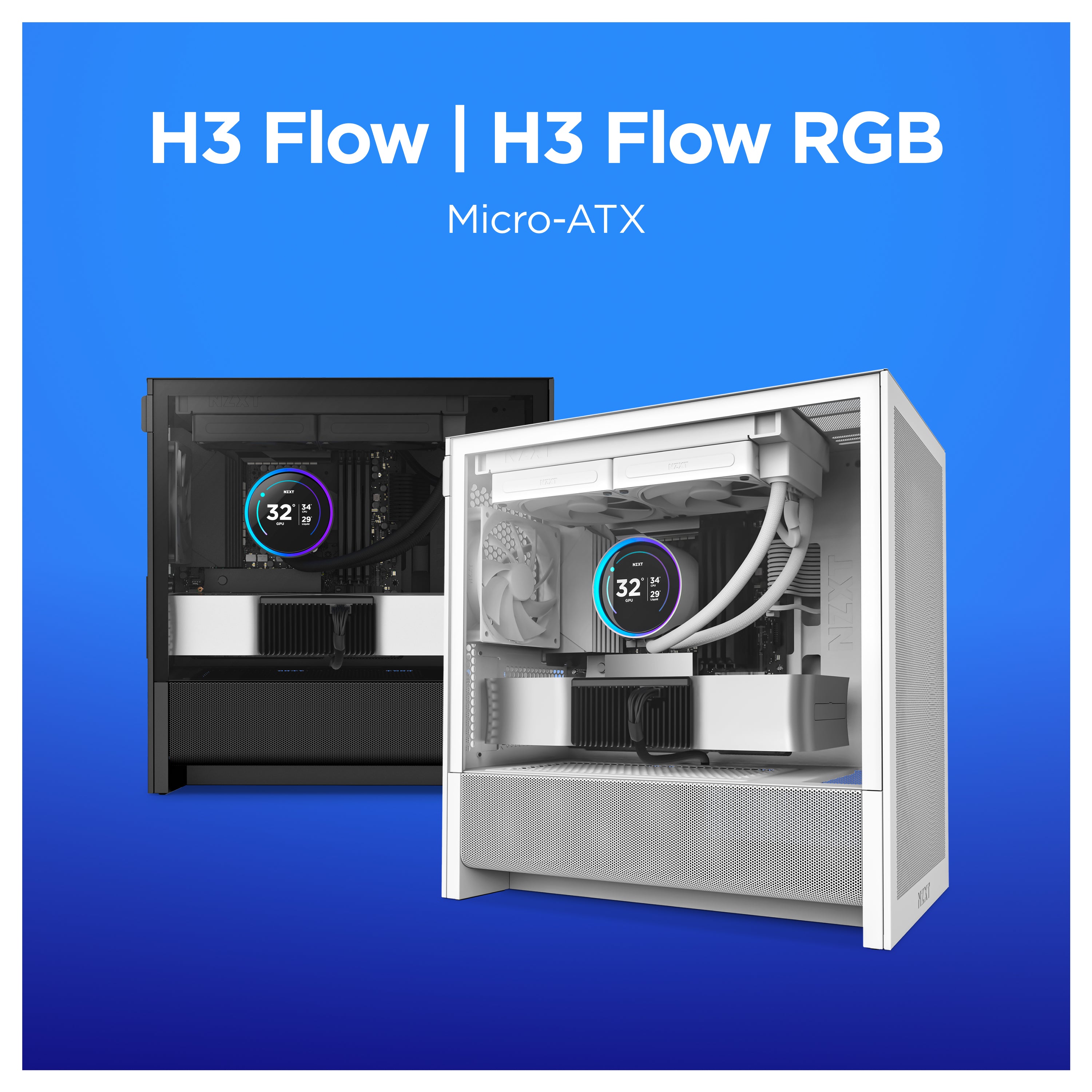 Two Micro-ATX computer cases, one black and one white, are displayed side by side on a blue background. Both showcase internal components with RGB lighting and cooling systems. Text above reads H3 Flow | H3 Flow RGB Micro-ATX.