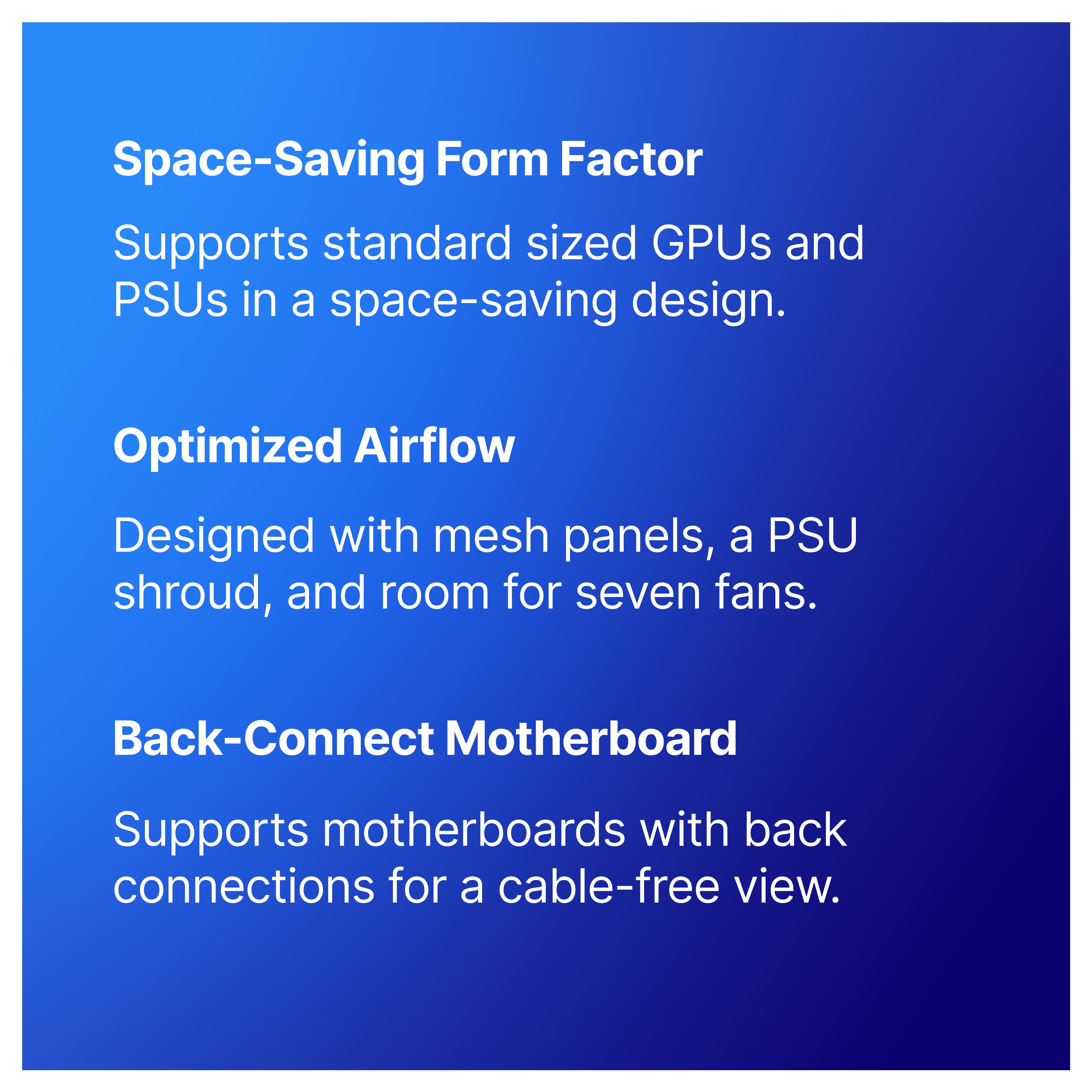 Text on a blue gradient background lists features: Space-saving form factor for GPUs and PSUs; optimized airflow with mesh panels, a PSU shroud, and seven fans; back-connect motherboard support for cable-free view.