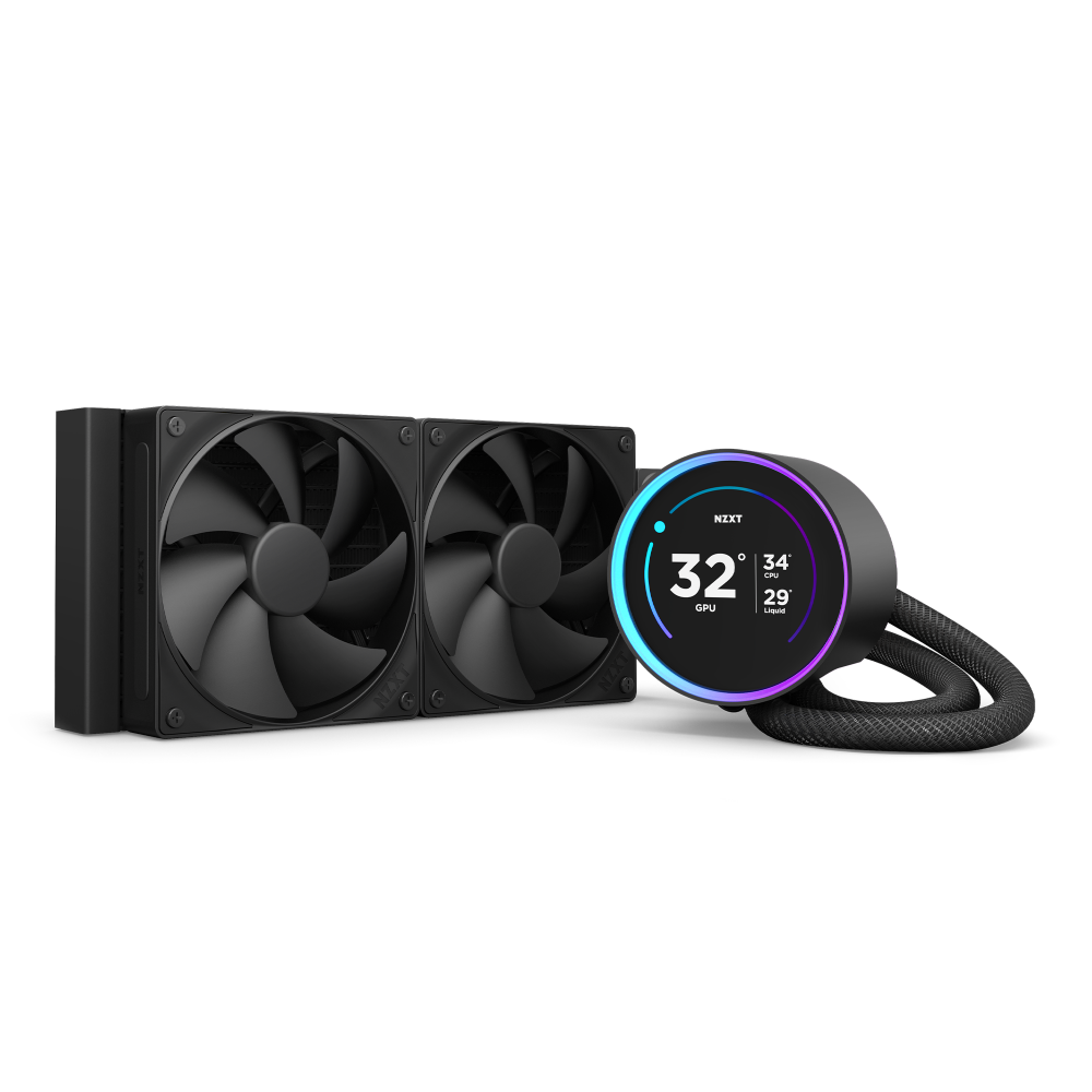 The NZXT Kraken Elite 240 is a black liquid CPU cooler with dual fans, an NZXT Turbine pump, a circular digital temperature display with an RGB ring, and braided tubes.