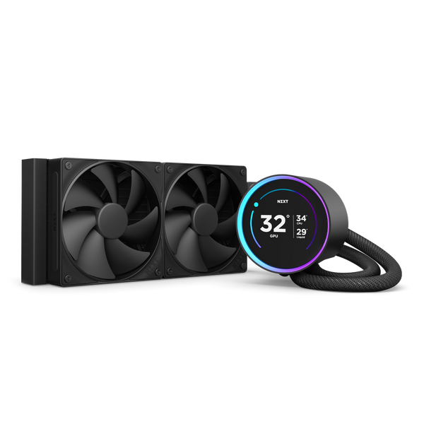 The NZXT Kraken Elite 240 is a black liquid CPU cooler with dual fans, an NZXT Turbine pump, a circular digital temperature display with an RGB ring, and braided tubes.