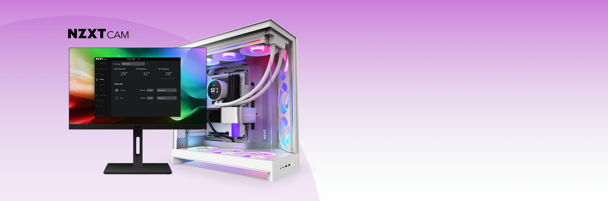 NZXT CAM wyświetlający na monitorze temperatury cieczy, CPU i GPU na żywo obok białego komputera gamingowego NZXT