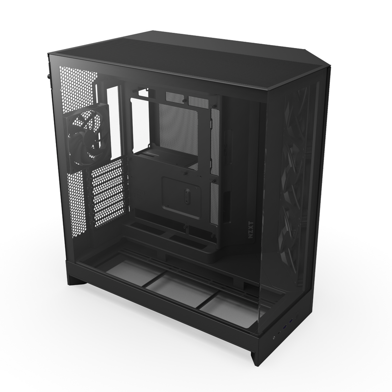 The NZXT Refurbished Player Three Prime - #8703 is a black computer case with a glass side panel, visible fans, spacious open interior, and ample airflow—perfect for refurbished builds or certified refurbished gaming PCs.