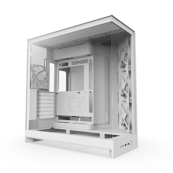 The NZXT H9 Flow is a white ATX case with a transparent side panel, visible front and rear cooling fans for airflow, and multiple USB ports on the bottom front edge.