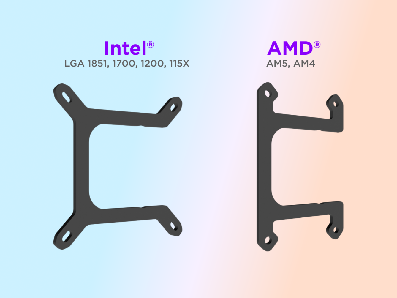 Two CPU cooling brackets with Intel and AMD logos on a gradient background