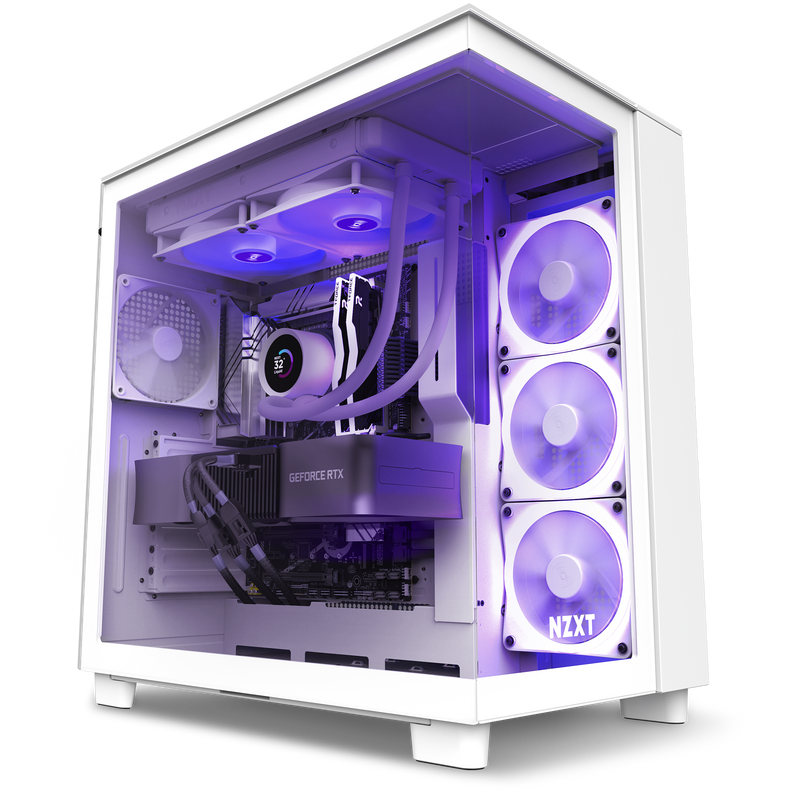 The Refurbished Custom Build - #8625 by NZXT is a white prebuilt gaming PC with a glass side panel, visible internal parts, NZXT cooling fans, GeForce RTX graphics, purple LED lighting, and a 2-year warranty for peace of mind.