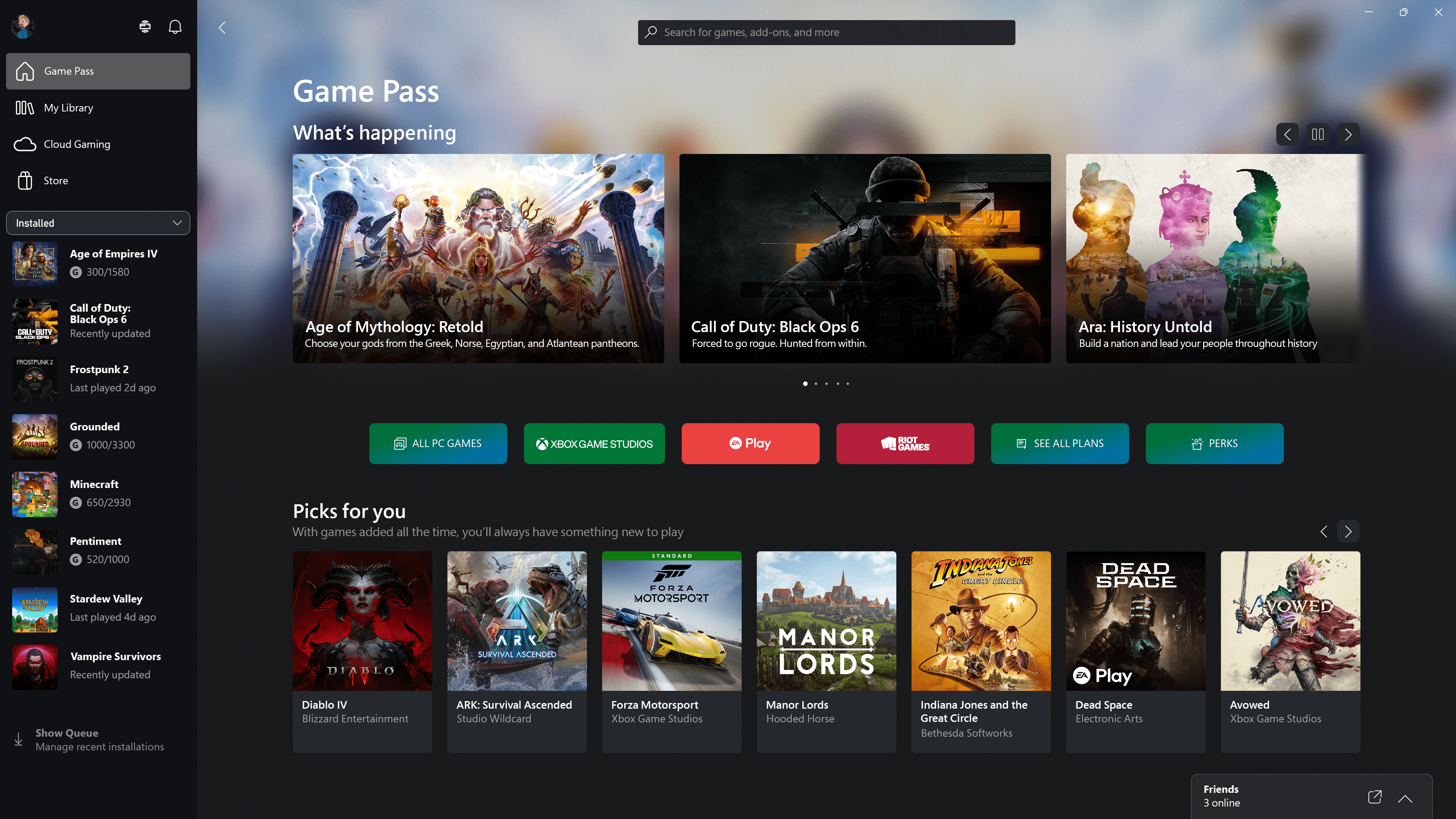 Screenshot of a Game Pass desktop app featuring a highlighted section for new and popular games, game categories, and a scrolling list of game thumbnails with titles such as Diablo IV, Manor Lords, and Dead Space.