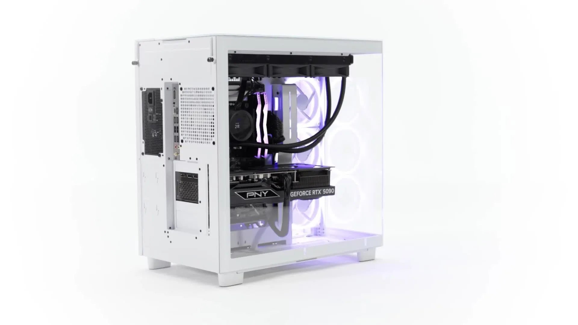 A white desktop computer with a transparent side panel showing internal components, including a PNY GeForce RTX 3090 graphics card, cooling fans, and illuminated cables with a subtle purple glow.