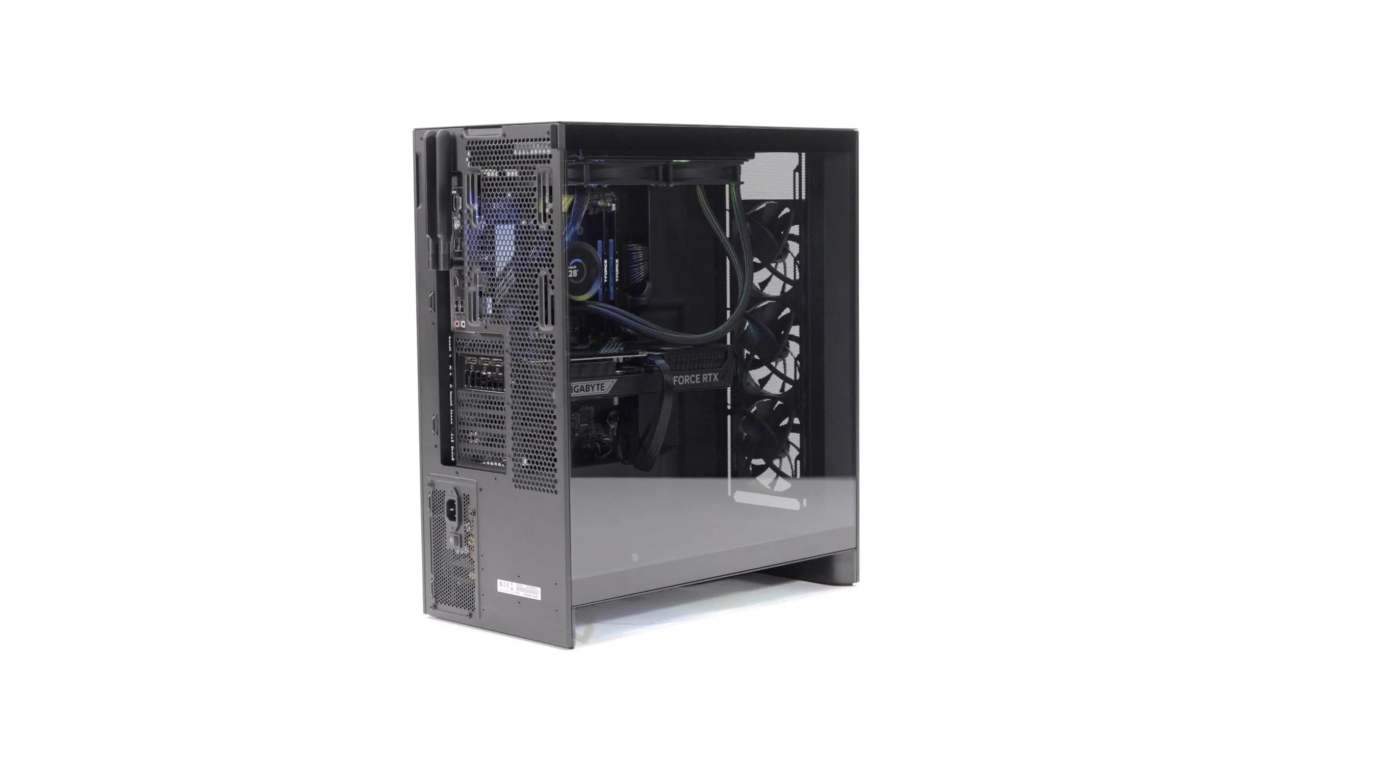 A black desktop computer tower with transparent side panels shows internal components such as a graphics card, cooling fans, and cables, set against a white background.