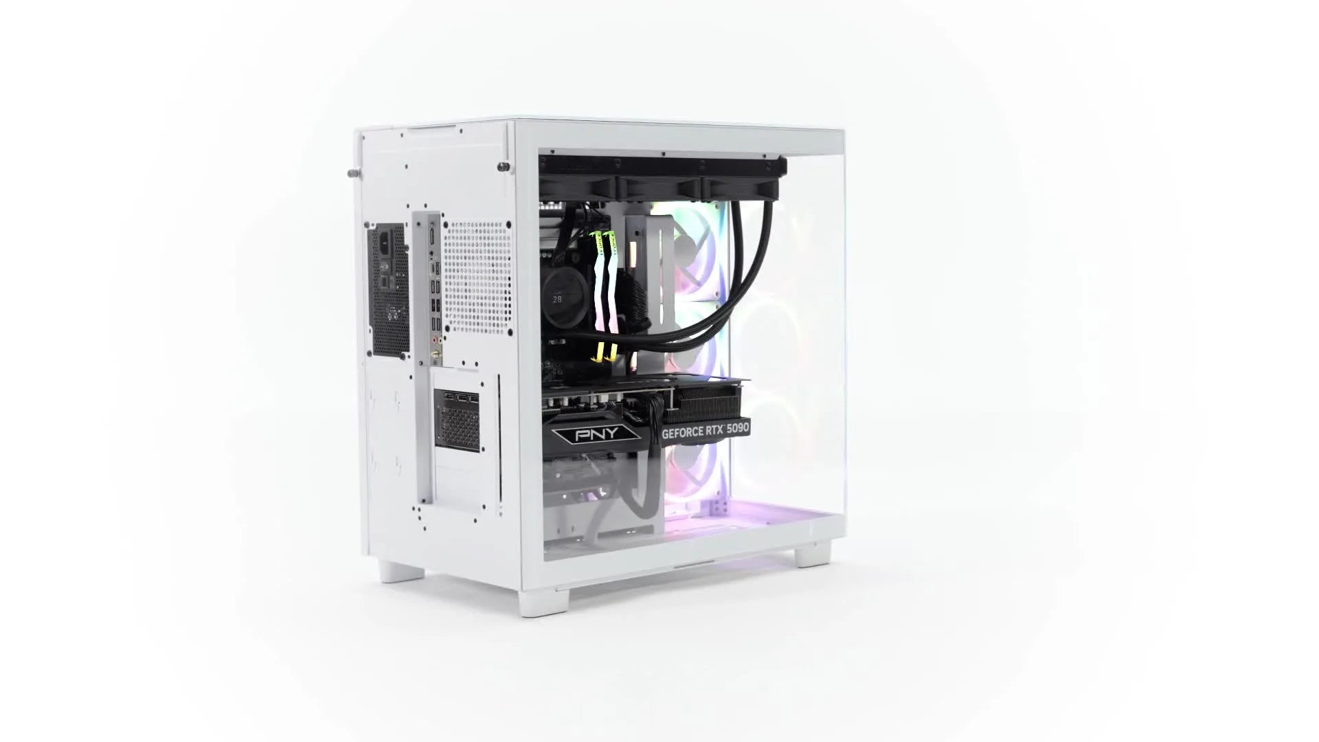 A white desktop PC with a transparent side panel reveals internal components, including RGB-lit fans, a graphics card labeled GEFORCE RTX 3090, and liquid cooling tubes.