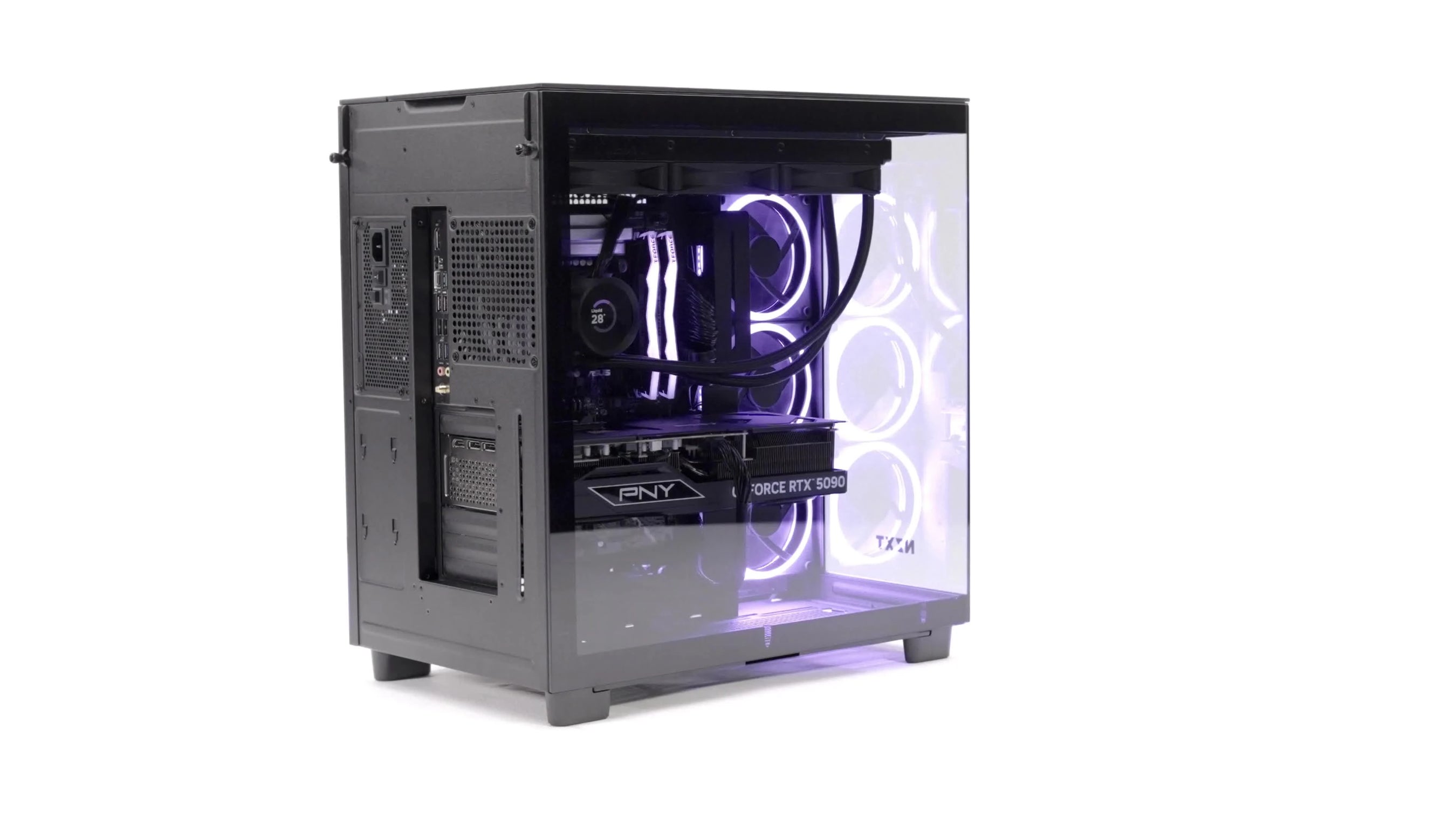 A black desktop gaming PC case with a transparent side panel showing internal components, including a GeForce RTX 3060 graphics card and internal lighting glowing purple.