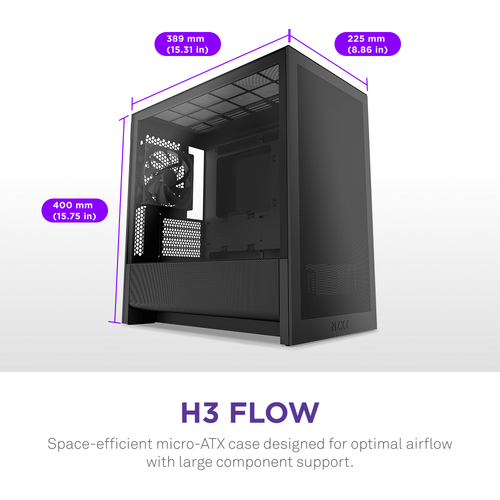 The NZXT H3 Flow is a black micro-ATX case with a high-airflow design, measuring 389 x 225 x 400 mm. It offers space efficiency, supports large components, and ensures excellent cooling.