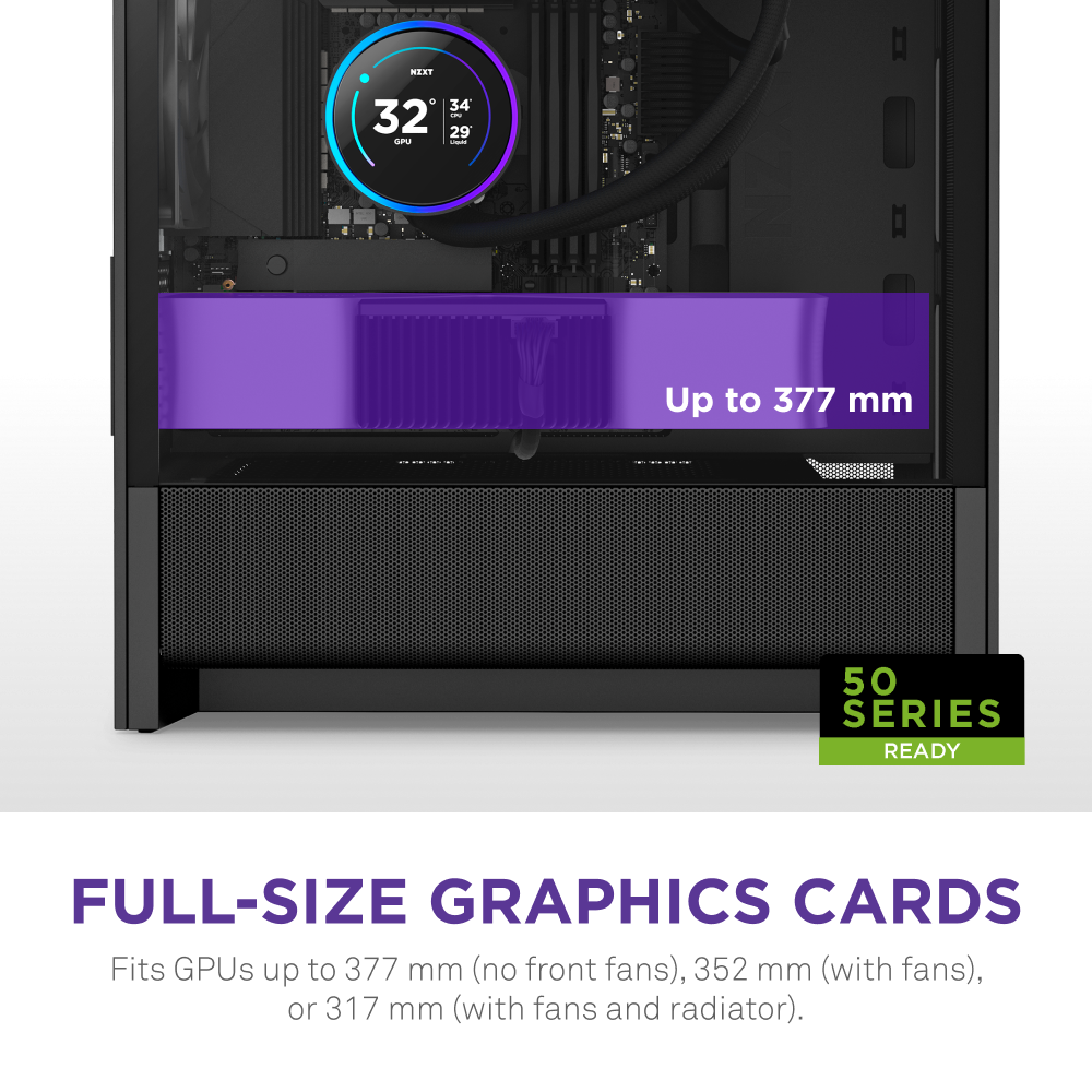 The NZXT H3 Flow micro-ATX case supports GPUs up to 377 mm (no front fans), 352 mm (with fans), or 317 mm (fans with radiator). Enhanced cooling ensures your components run smoothly.