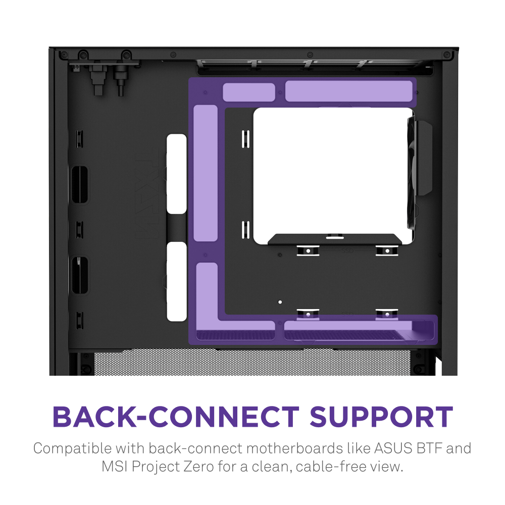 NZXT H3 Flow micro-ATX case highlights support for back-connect motherboards (ASUS BTF, MSI Project Zero) for a clean, cable-free look and high airflow. Text below: BACK-CONNECT SUPPORT.