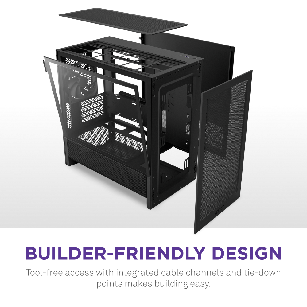 The NZXT H3 Flow, a black micro-ATX case, is shown with its glass side panel, front, and top covers removed to reveal its interior layout and cable management. Text: “Builder-Friendly Design. Tool-free access and high-airflow make building easy.”.