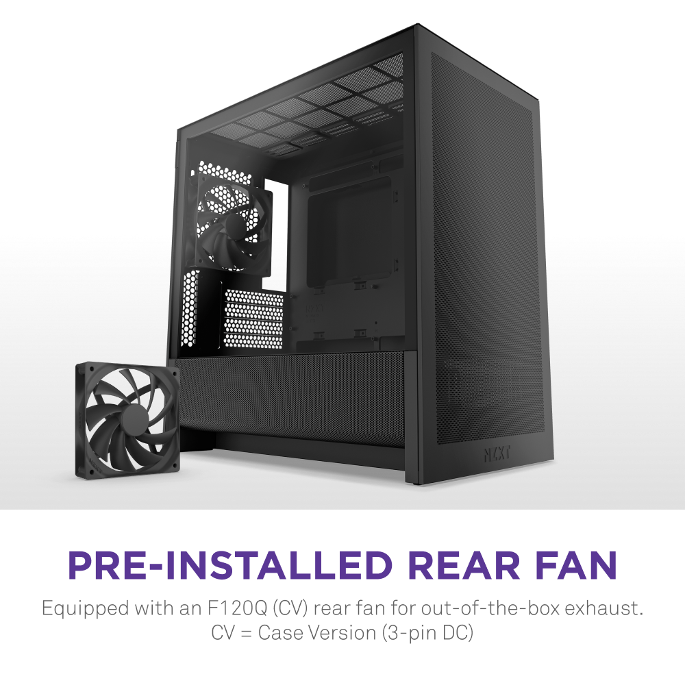 The NZXT H3 Flow is a black micro-ATX case with a pre-installed F120Q (CV) rear fan for immediate cooling, plus an extra front fan shown. Text: PRE-INSTALLED REAR FAN.