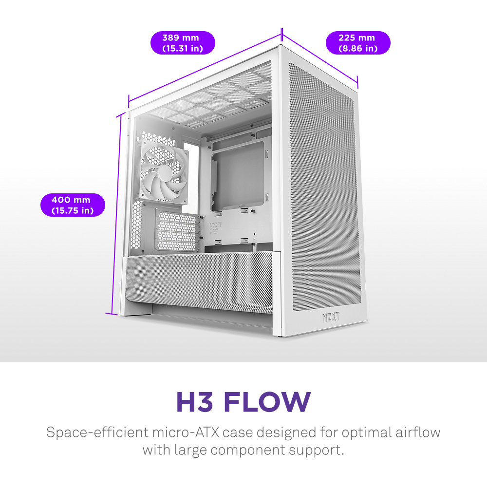 The NZXT H3 Flow micro-ATX case in white is shown, measuring 389 mm tall, 225 mm wide, and 400 mm deep. It features mesh panels and fans for high-airflow cooling.