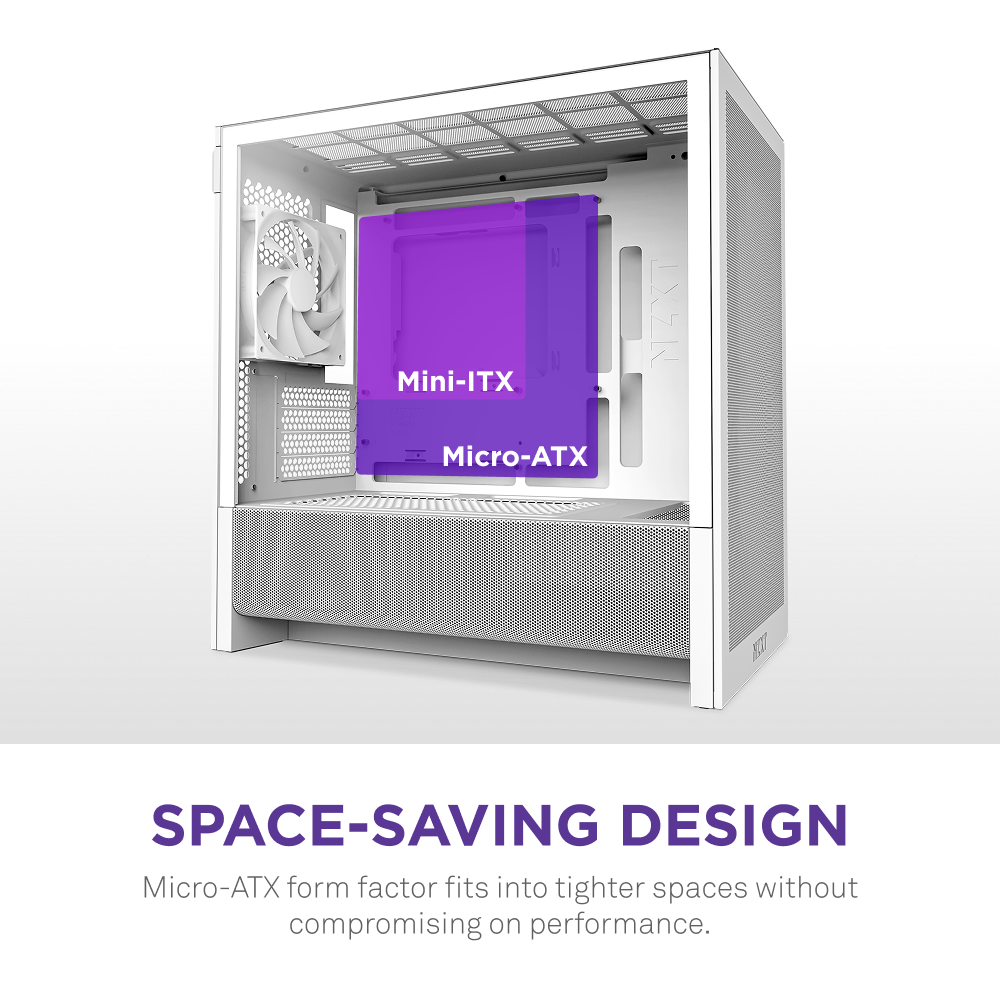 The NZXT H3 Flow is a white micro-ATX case supporting Mini-ITX and Micro-ATX motherboards, offering a compact, space-saving design with high airflow for optimal cooling—ideal for small spaces without sacrificing performance.