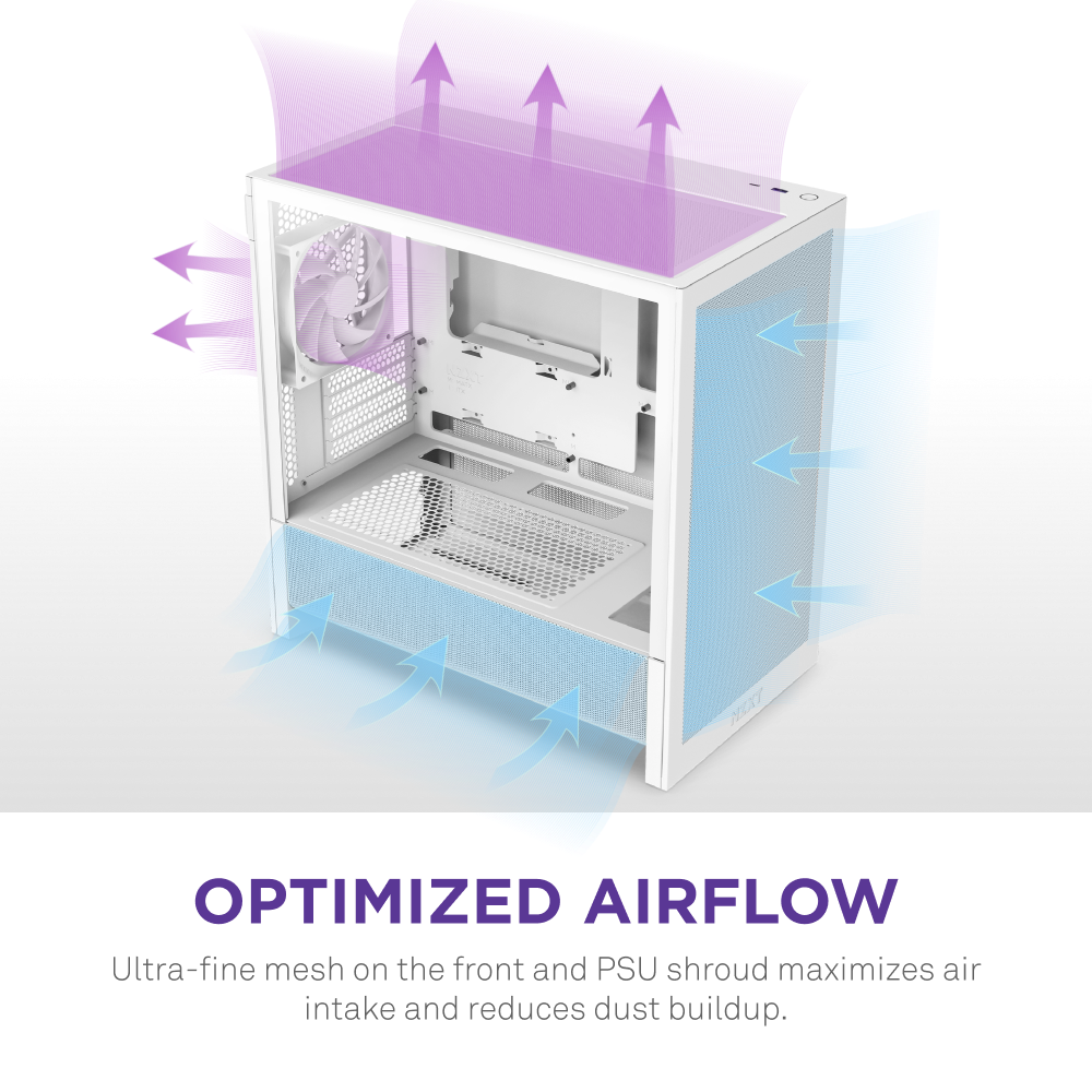 The NZXT H3 Flow micro-ATX case features blue intake and purple exhaust arrows, showcasing its high-airflow design with ultra-fine mesh on the front and PSU shroud to maximize air intake and minimize dust buildup.