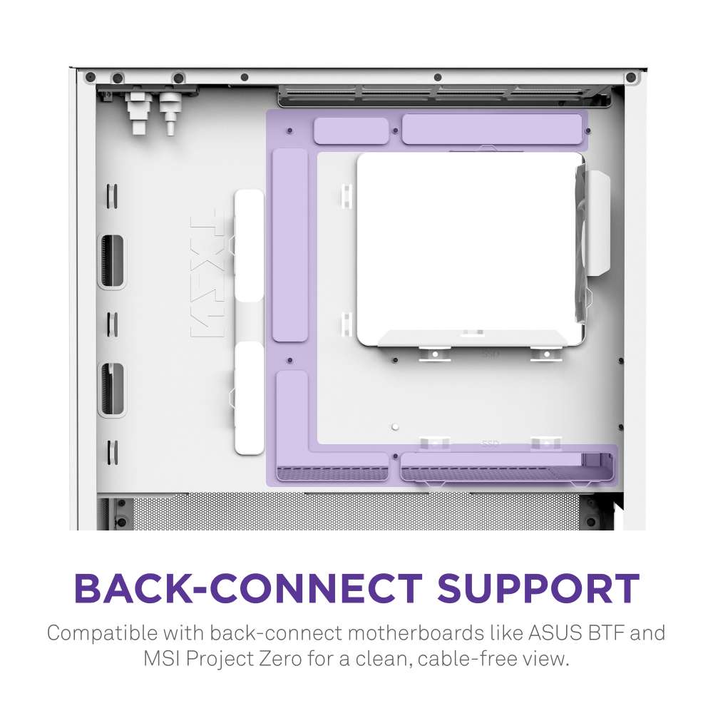 The NZXT H3 Flow is a micro-ATX case featuring marked motherboard mounting zones and back-connect support, ensuring compatibility with ASUS BTF and MSI Project Zero for a clean, cable-free build and improved cooling.