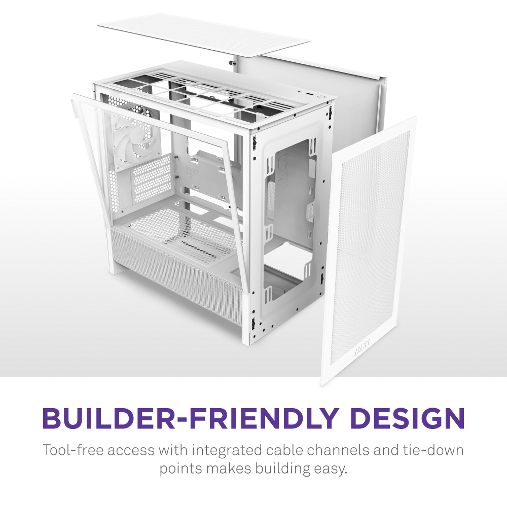 The NZXT H3 Flow is a white micro-ATX case with removable side, top, and front panels, revealing cable channels and tie-down points. BUILDER-FRIENDLY DESIGN—tool-free access and high-airflow features make building easy.