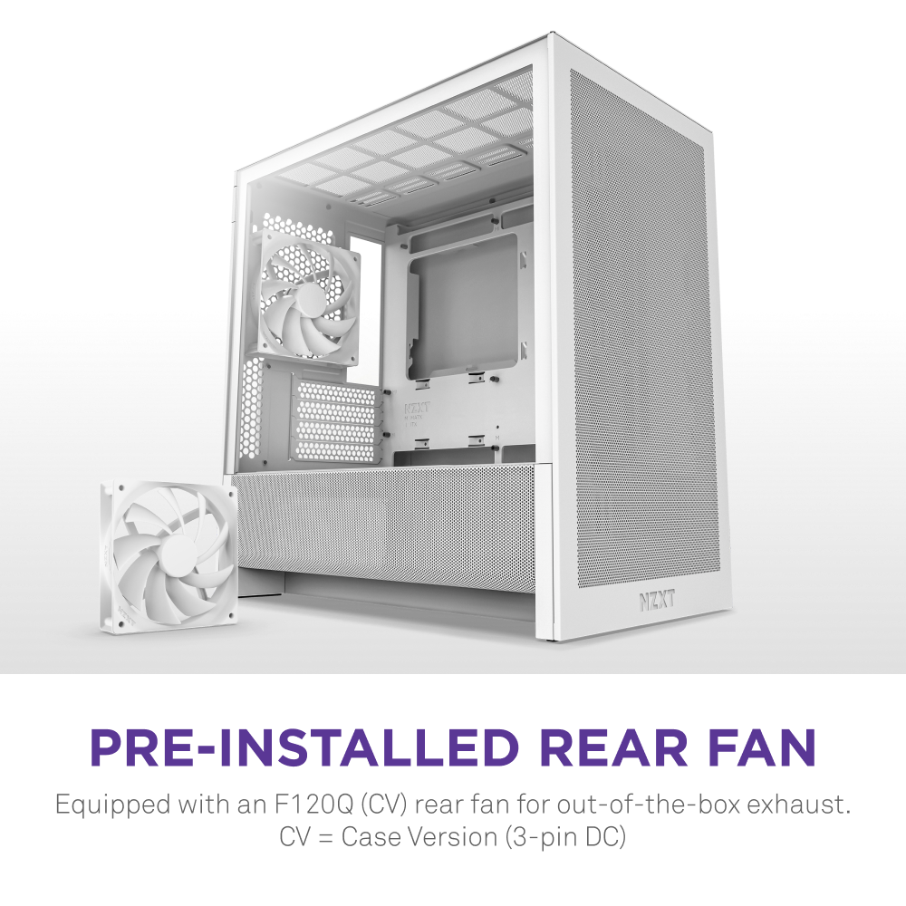 The NZXT H3 Flow is a white micro-ATX case with a pre-installed F120Q (CV) 3-pin DC rear fan for exhaust. Its high-airflow design ensures excellent cooling support right out of the box.