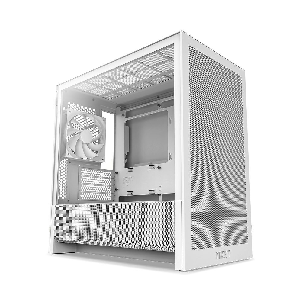 The NZXT H3 Flow, a white micro-ATX case with mesh front panel, side ventilation, and a visible rear cooling fan for high airflow, is displayed at an angle on a white background.