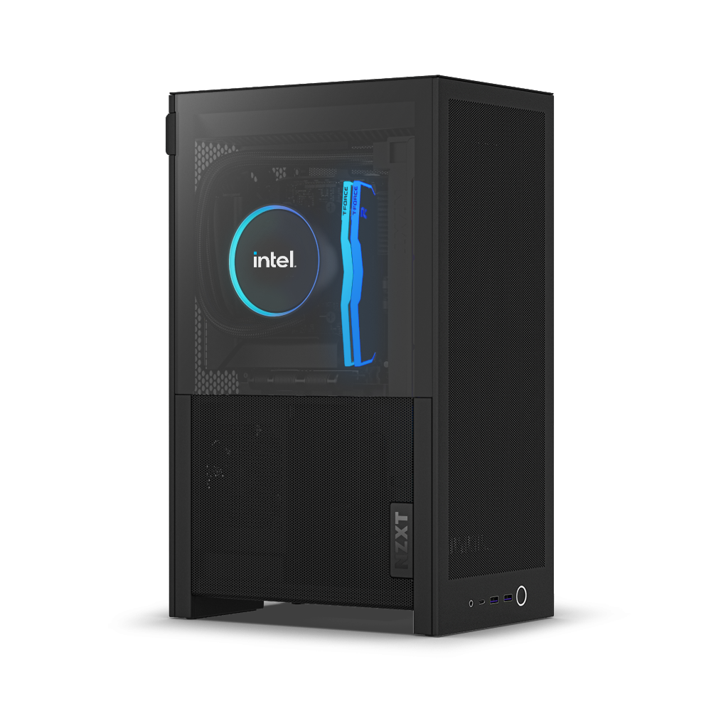 The NZXT H2 Mini PC | Intel Edition is a black gaming case with a transparent side panel showing internal components, an Intel CPU cooler with blue lighting, an NVIDIA GeForce RTX 5080, and front USB and audio ports.