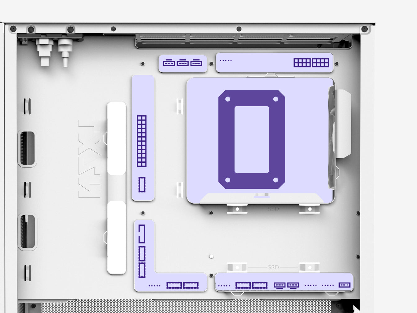 A white computer case interior with various motherboard connectors and slots highlighted in purple, including power, data, and fan headers. The NZXT logo is visible on the left panel.