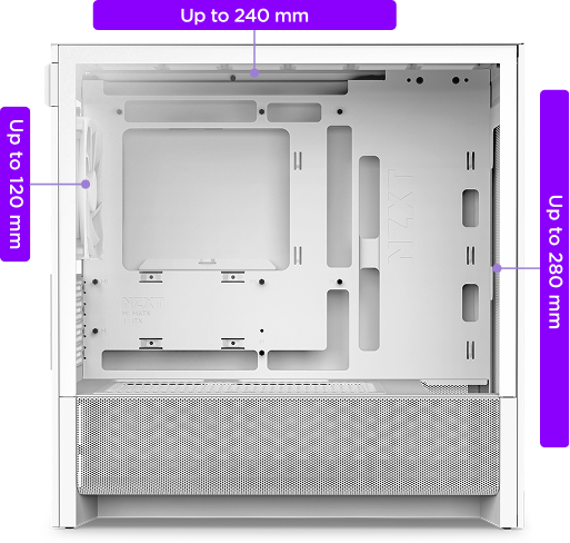 A white PC case interior with labels showing radiator support: up to 120 mm on the left, up to 240 mm at the top, and up to 280 mm on the right side of the case.