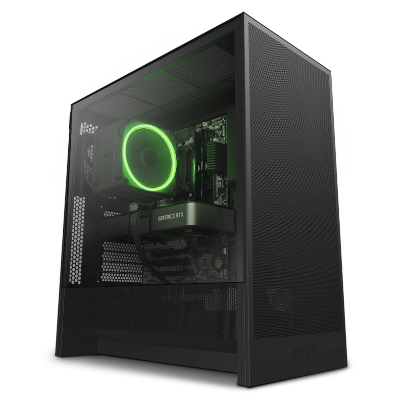 Black computer case with green lighting on a white background. NZXT Prebuilt PCs.
