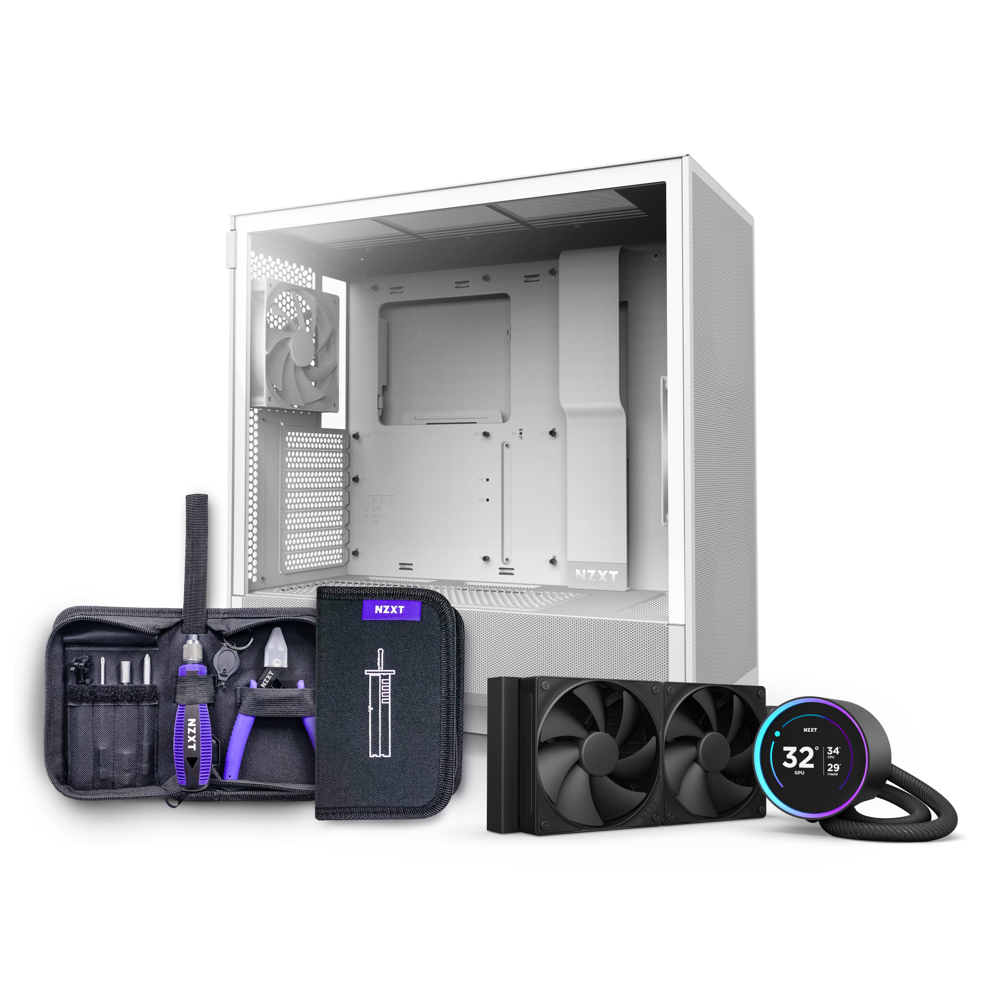 The NZXT H5 Flow + Kraken Elite 240 features a white computer case with cooling fan, a dual-fan liquid cooler, and digital display for temperature and GPU info—all set against a clean white background.