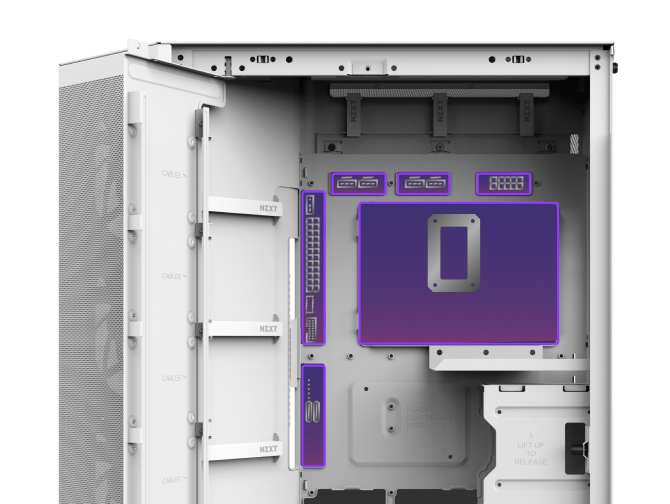 Open white computer case showing interior with highlighted motherboard tray and cable management sections in purple gradient. Multiple cable routing channels and mounting points are visible.